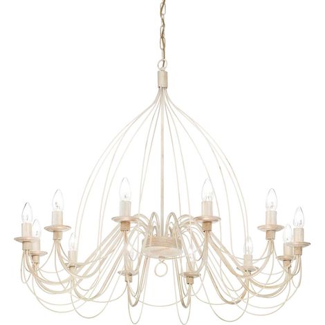 Lampadario Shabby Chic-Provenzale Corte Metallo Bianco 12 Luci E14