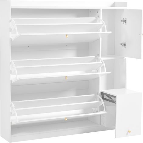 Zapatero blanco con 3 puertas abatibles, banco plegable y compartimento lateral 119x24x122 cm (1/5)
