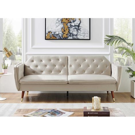 Deco In Paris – Canapé convertible 3 places clic-clac en tissu velours beige – Dossier capitonné – Pieds en bois finition noyer – Dimensions couchage 185x110cm (1/5)
