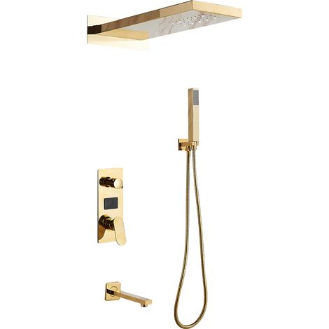 Kit de douche à LED avec douchette à main, ensemble de douche mural - doré, 3 modes, éclairage LED tricolore (1/5)
