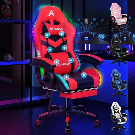 Gaming Stuhl 8-Punkt Massage 12 Farben RGB LED Bürostuhl Fußstützen Rot (1/5)