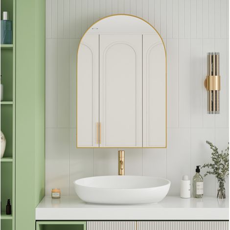 MODFU – Armadio a specchio arcuato 101x72x18,5 cm in metallo con 2 ripiani in vetro regolabili, da incasso o parete, vetro temperato – Dorato (1/5)