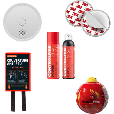 Lot Sécurité Incendie – 3 Détecteurs de fumée interconnectables Autonomie 10 ans et garantie 3 ans + 3 Fixations Magnétique + Couverture Anti-Feu + Boule extinctrice + 2 Sprays Extincteur (1/5)