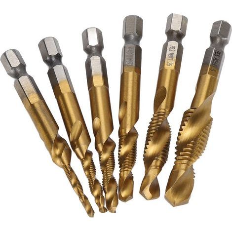6 pièces Forets Tarauds Hexagonaux 1/4" pour Percer et Tarauder avec Revêtement Titane Résistant (1/5)
