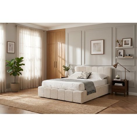 Lit Coffre 140x190 cm – Tissu Chenille Beige , Sommier à Lattes Inclus