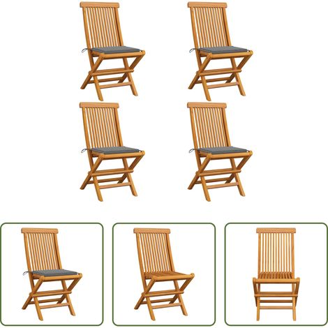 Teakholz - Gartenstühle mit Grauen Kissen 4 Stk. Teak Massivholz (1/5)