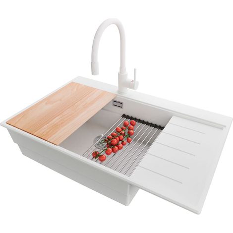 PRIMAGRAN Evier Cuisine en Granit 78x50cm,Lavabo 1 bac + Robinet 38x14cm + Kit de Vidage + Accessoires, Évier à Encastrer au meuble 60cm - Sydney, Blanc