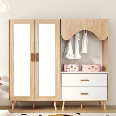 Armadio per Bambini Set di 2 160x46x141.5cm con Appendiabiti e Cassetti Legno Stile Scandinavo Naturale e Bianco