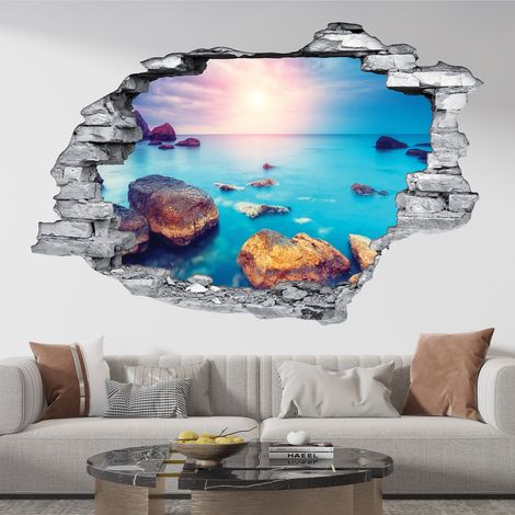 Stickers Trompe l'oeil trou dans le mur - Vue Mer - 30 x 45 cm - Pierres rouges (1/5)