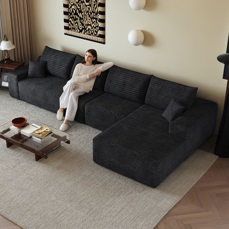 Canapé d'angle en L 340cm,canapé modulaire en velours côtelé, avec chaiselongue,canapé 4 place compression,assise profonde,noir