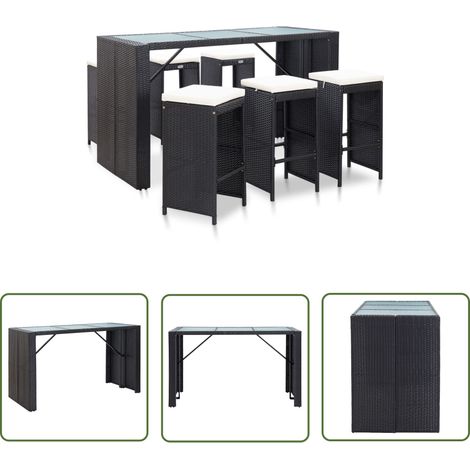 The Living Store 7-tlg. Gartenbar-Set mit Auflagen Poly Rattan Schwarz - Gartensets - Gartenbar - Barhocker - Outdoor Möbel - Rattan Gartenmöbel (1/5)