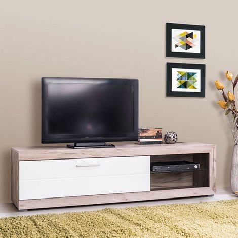 TV-Schrank Pompu, 2 Regale, 4 Fächer, 1 Tür, 162x41,5x43,5 cm, Cremeweiß (1/5)