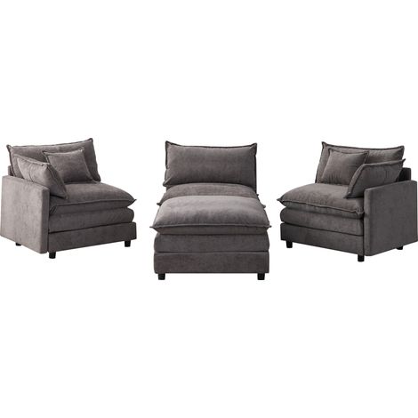 Sofá esquinero modular de chenilla gris de 3 plazas con chaise longue y puff (1/5)