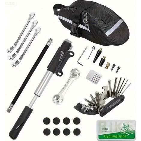 Kit de réparation de chambre à air de vélo, comprenant : rustine, pompe, film de réparation, colle et outils. (1/5)