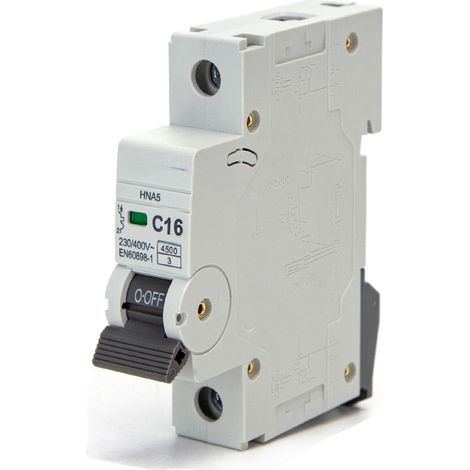 Interrupteur automatique 1 pôle compact 16 A, courbe C en gris. Parfait pour protéger les circuits électriques contre les surcharges et les courts-circuits, assurant sécurité et efficacité. (1/2)