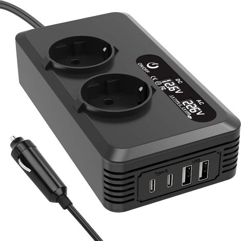 JSSEVN - 200-W-Kfz-Spannungswandler – 12 V auf 220 V – mit 2 Ladebuchsen – 2 USB-Anschlüssen und 2 Typ-C-Anschlüssen – Zigarettenanzünderadapter (1/5)