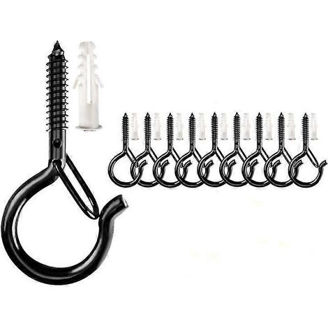 Crochets à visser d'extérieur, fixations murales et de plafond, système de sécurité avec boucle pour suspendre pots de fleurs, carillons, clés, guirlandes lumineuses, etc. (12 pièces - noir) (1/5)