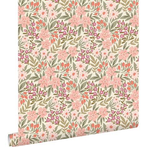 papier peint fleurs vert, rose et violet - ESTAhome