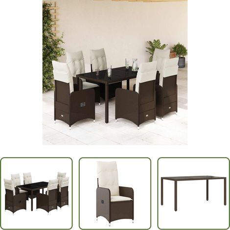 vidaXL Gartenstuhl - 7-tlg. Garten-Bistro-Set mit Kissen Braun Poly Rattan (1/5)