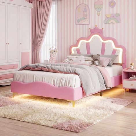 Lit enfant rembourré 140x190 avec LED,lit simple pour fille,avec tête de lit princesse couronne et sommier à lattes,PU rose