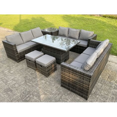 Fimous 11 Sitzer Outdoor Rattan Sofa Set Lounge Einstellbare Steigende Beistelltische Stühle Fußhocker Dunkelgrau Gemischt (1/4)