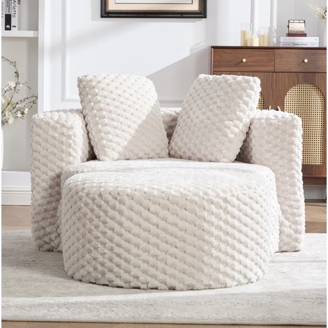 Sillón relax con puf, 129 x 116 x 65 cm, tejido de peluche efecto pelo, beige HAVRYA (1/5)