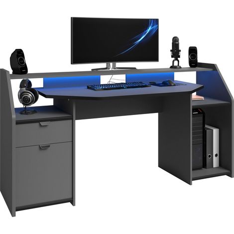 Mesa Escritorio Gaming Grande con Cajón y Armario con puerta Abatible en Color Gris con LED 98x180x67 cm