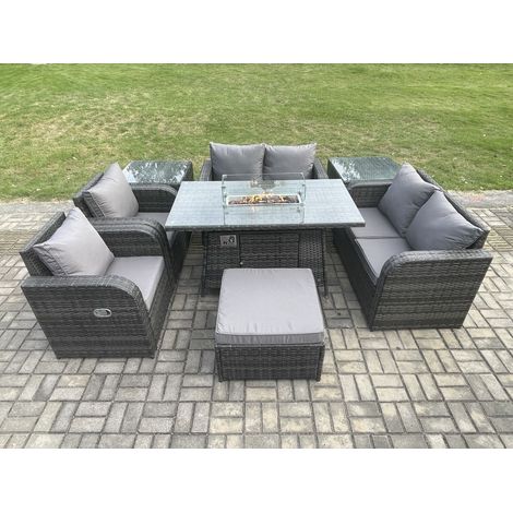 Fimous 7-Sitzer Rattan Gartenmöbel Set Propan Gas Feuergrube Tisch und Sofa Stuhl set mit 2-Beistelltische Big Foothocker (1/5)