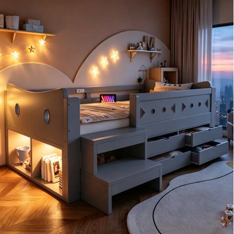 Letto singolo per bambini 90x200 cm grigio in legno con cassetti, LED e porte USB/Type-C (1/5)
