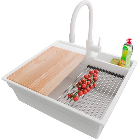 PRIMAGRAN Evier Cuisine en Granit 58x53cm,Lavabo 1 bac + Robinet 38x14cm + Kit de Vidage + Accessoires, Évier à Encastrer au meuble 60cm - Oslo Pocket, Blanc (1/5)