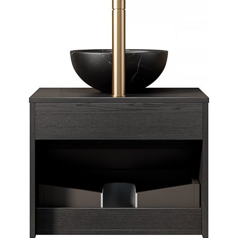 Mueble de baño suspendido 60 cm con lavabo cerámico negro, cajón, estante y LED HOMVRA (1/5)