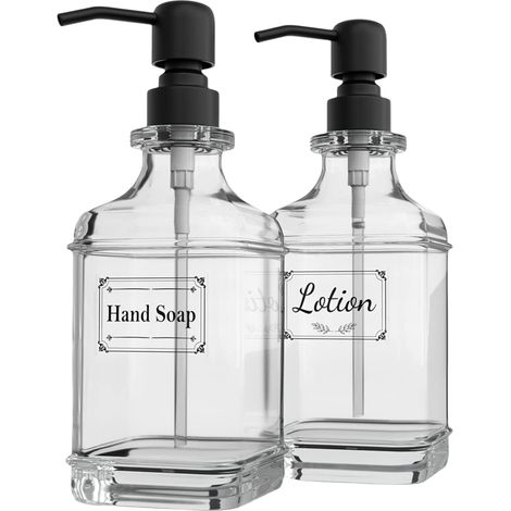 Lot de 2 distributeurs de savon, 532 ml (18 oz), design antique, en verre épais pompe en acier inoxydable 304 antirouille, 6 autocollants transparents inclus, pour la cuisine et la salle de bain - No (1/5)
