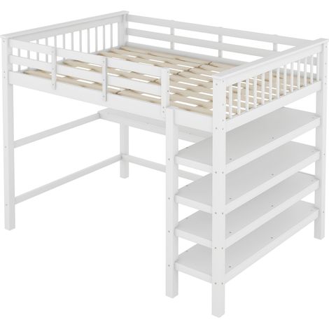 Cama alta infantil 140 x 200 cm de madera y MDF con escritorio y estantes, blanca, MODENUIT (1/5)
