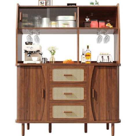 Buffet Rangement en Bois Couleur Noix 140×40,5×174,5 cm, Meuble à Vin avec Porte-verres à Vin et Tiroirs en Rotin, Armoire Multifonction pour Cuisine, Salle à Manger et Salon