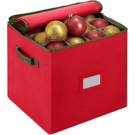 Boîte de rangement pour décorations de Noël avec 4 plateaux et séparateurs, pouvant contenir 64 décorations de fêtes, boules de Noël vertes et rouges, 33 x 33 x 34,5 cm (1/5)