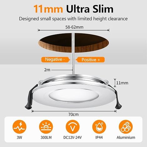 Spot LED Encastrable IP44, Spot LED 12V-24V DC Blanc chaud, 3W 300LM Extra Plat Spot encastrable, Trou 58-62mm Aluminium Plafonnier spot avec câble, Chrome (1/4)