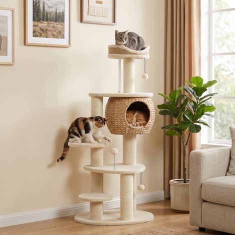 Arbre à Chat Tour pour Chat en Rotin Design 4 Niveaux avec Niche Quenouille Panier Jute et Coussin 132cm Beige (1/5)