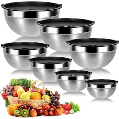 Lot de 7 Bols Inox avec Couvercles, Acier Inoxydable, Empilables, Gain de Place, Cuisine, Préparation Repas (1/5)