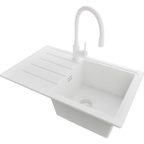 PRIMAGRAN Evier Cuisine en Granit 70x44cm,Lavabo 1 bac + Robinet 38x14cm + Kit de Vidage, Évier à Encastrer au meuble 45cm - Copenhague Easy, Tout Blanc (1/5)
