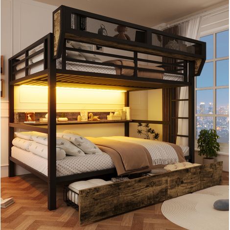 REDOM - Litera 140x200 cm con estante, cesta de almacenamiento, 2 cajones de metal, MDF y metal negro (Sin colchón) (1/5)