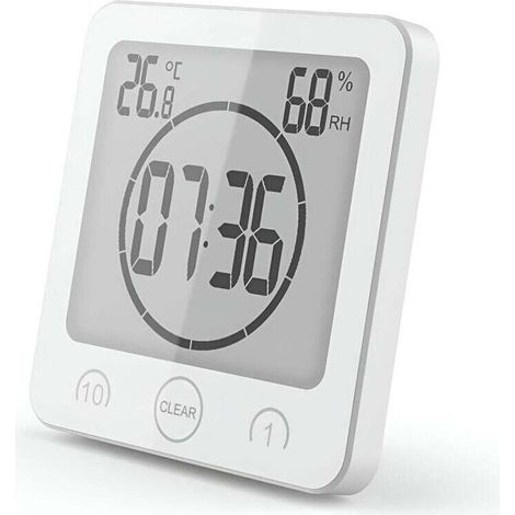 Waterproof Shower Clock for Bathroom, Touch LCD Digital Alarm Clock, Thermometer, Hygrometer, Timer, Battery Powered, Suitable for Kitchen Use (White). (1/4)