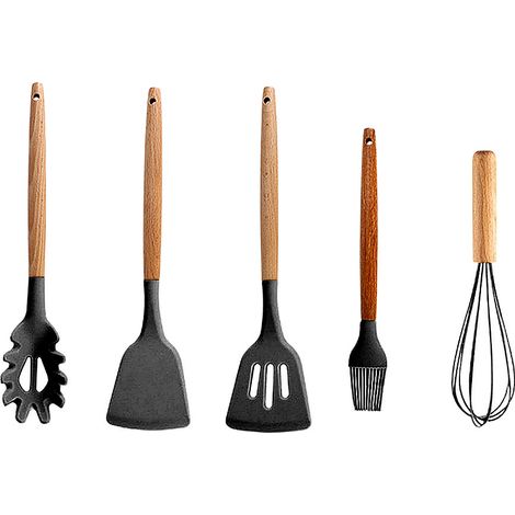 Spatule - Cuillère À Frire - Cuillère À Nouilles - Brosse À Huile - Fouet - Ensemble Cuisine En Silicone Et Bois - 5 Pièces (1/5)