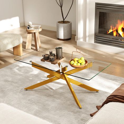 Plateau en verre trempé, table basse rectangulaire avec pieds métalliques croisés pour salon ou bureau (1/5)
