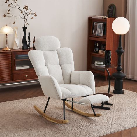 Teddy Fabric Tufted Rocking Chair with Headrest & Foldable Footrest – Modern Upholstered Rocker for Living Room & Bedroom, White (1/5)