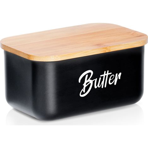 Butterschale aus schwarzem Stahl, Butterbehälter mit Bambusdeckel