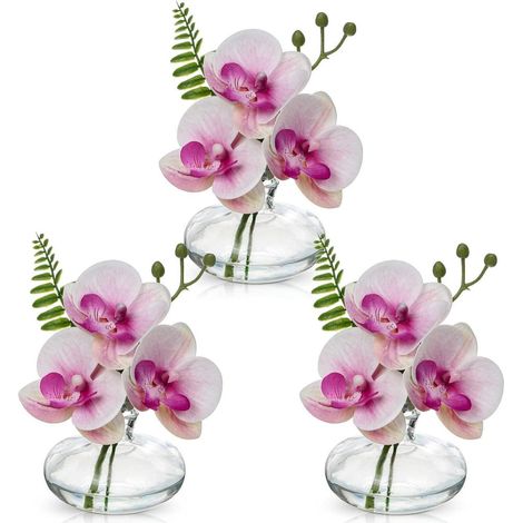 Künstliche Orchideen Kunstblumen 3er Set Deko mit Glasvase Bad Büro Wohnzimmer (1/5)