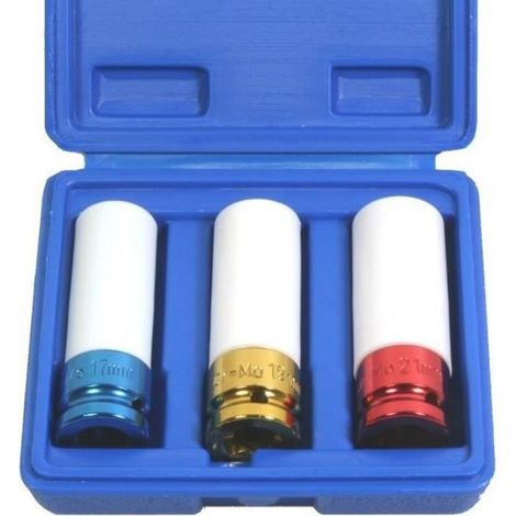 Douille Longue - 85 mm - Pour Jantes Alu - 6 Pans - Protection PVC Intérieure et Extérieure - Compatible Clé Dynamométrique et Clé à Choc 1/2 Pouces - 17 19 21 mm - Lot de 3 (1/3)