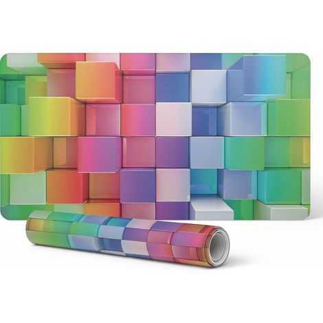 Alfombrilla protectora para encimera con un moderno estampado de coloridos cubos 3D, 120 x 60 cm.