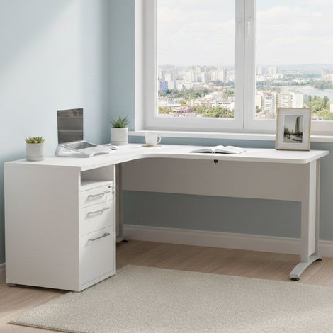 Dmora - Escritorio Aimee, Escritorio multiusos, Mesa de oficina para PC, El plan de trabajo, 159x151 h75 cm, Blanco (1/5)