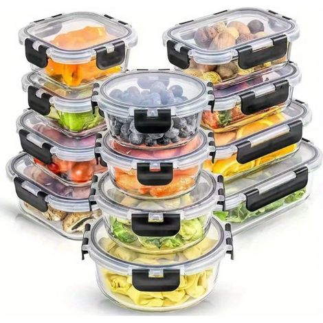 12 Stück Glas Lebensmittelbehälter, mit Deckel, verschiedene Größen Aufbewahrungsbox Set,luftdichte Leckage Proof Lunch Boxes, Mahlzeit Prep Boxes,Nahrungsmittelbehälter, schwarz.